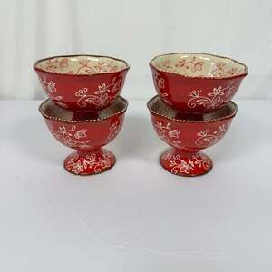 Temp-tations Floral Lace Cranberry Red Footed Dessert Bowls Set of 4